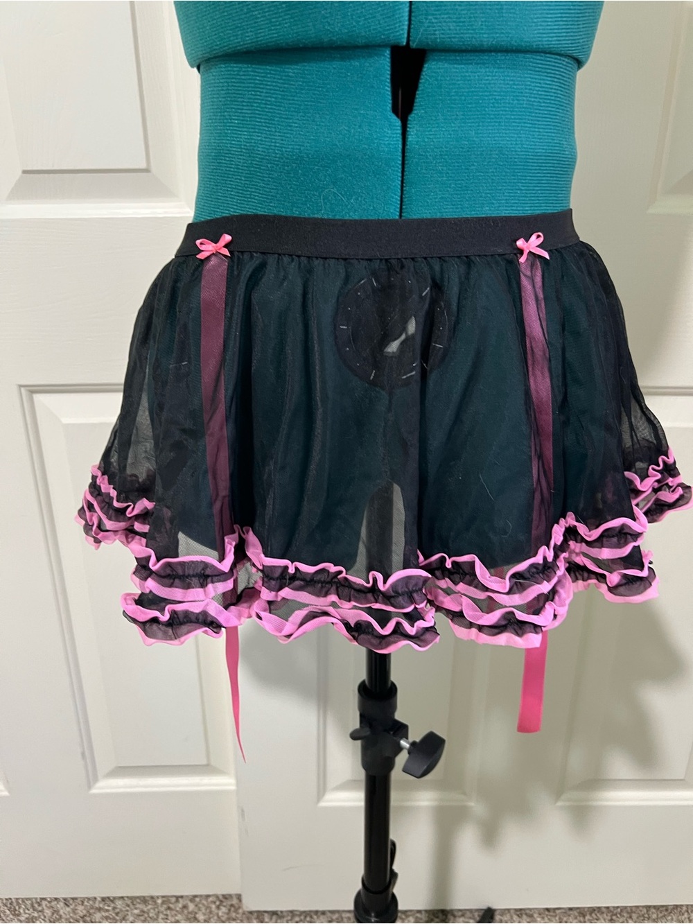 Betsey Johnson Black Sheer Mini Skirt with Pink Ruffle Trim